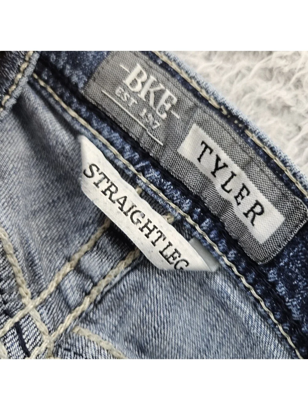 BKE TYLER Jeans Men Straight Leg 36L (Fits 36x33) Whiskering Stretch Denim *Hem